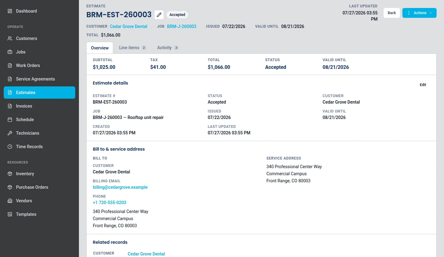 ServusOne estimate in the accepted state, showing line items, totals, and the acceptance record.