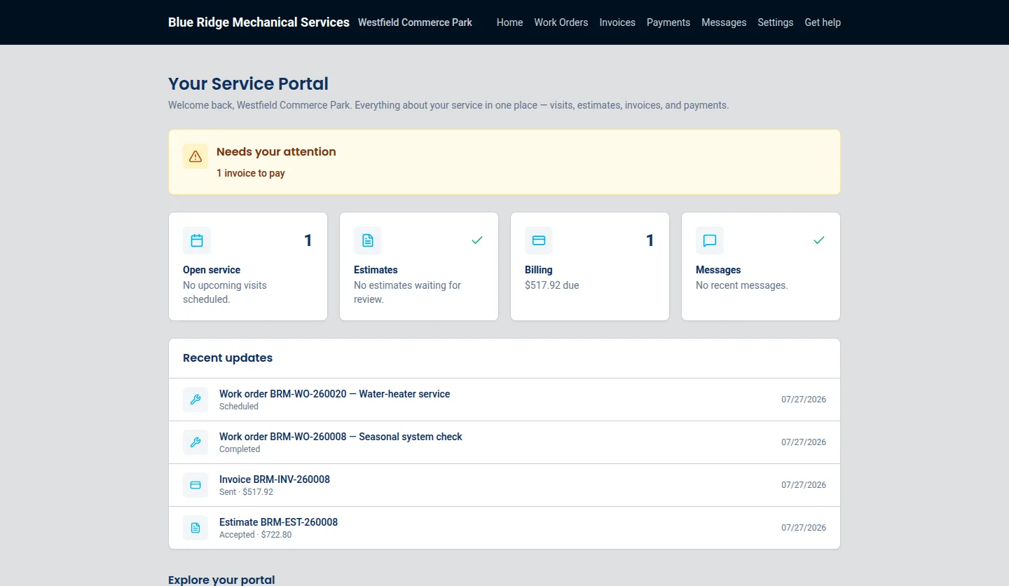 ServusOne customer portal home showing that customer's work orders, an outstanding invoice, and an accepted estimate alongside the portal navigation.