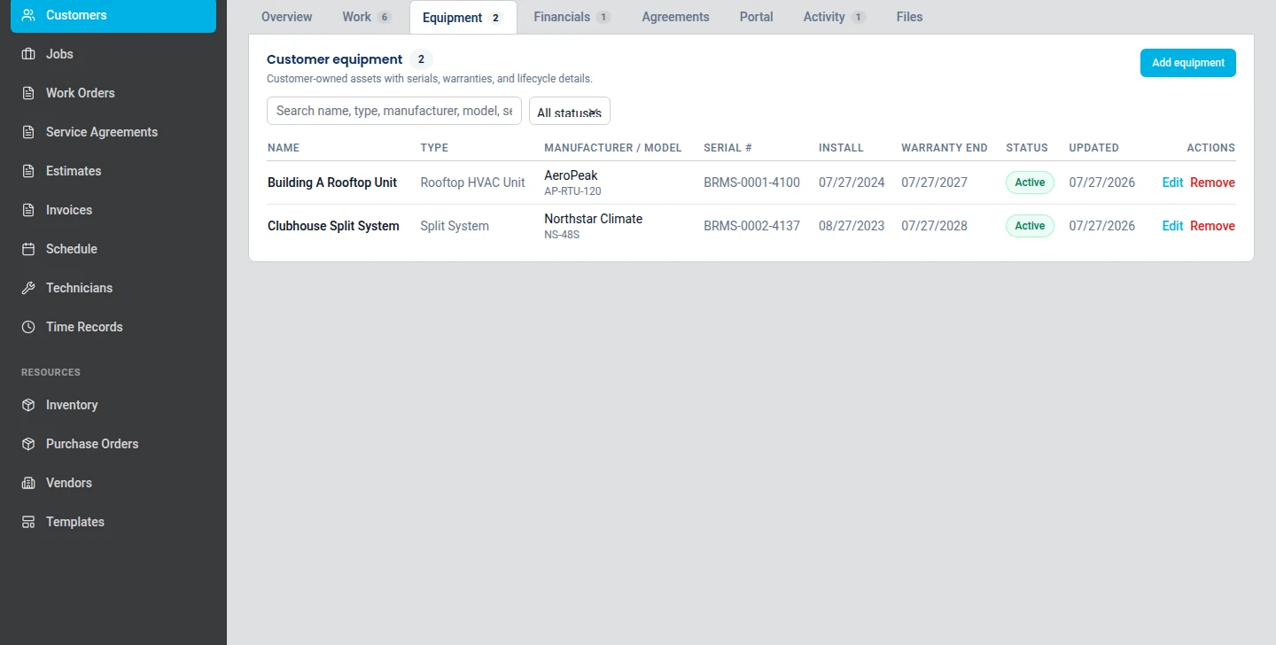 ServusOne customer equipment list showing installed units with make, model, serial number, and their service records.