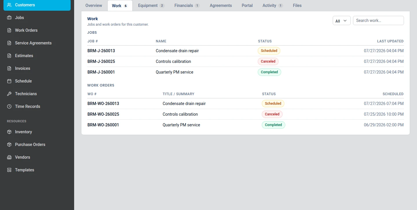 ServusOne customer record showing that customer's past jobs, work orders, and visit history in date order.