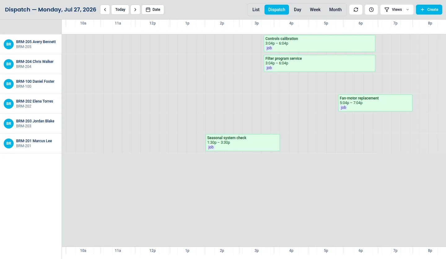 ServusOne dispatch board for a single day, showing each technician's assigned stops laid out against the day's timeline with their time windows.