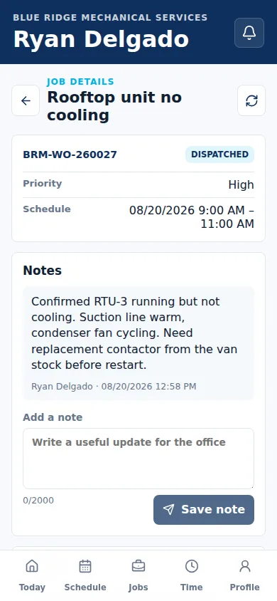 ServusOne mobile technician client showing an assigned work order on a phone, with its schedule window, status, and the job notes it carries.