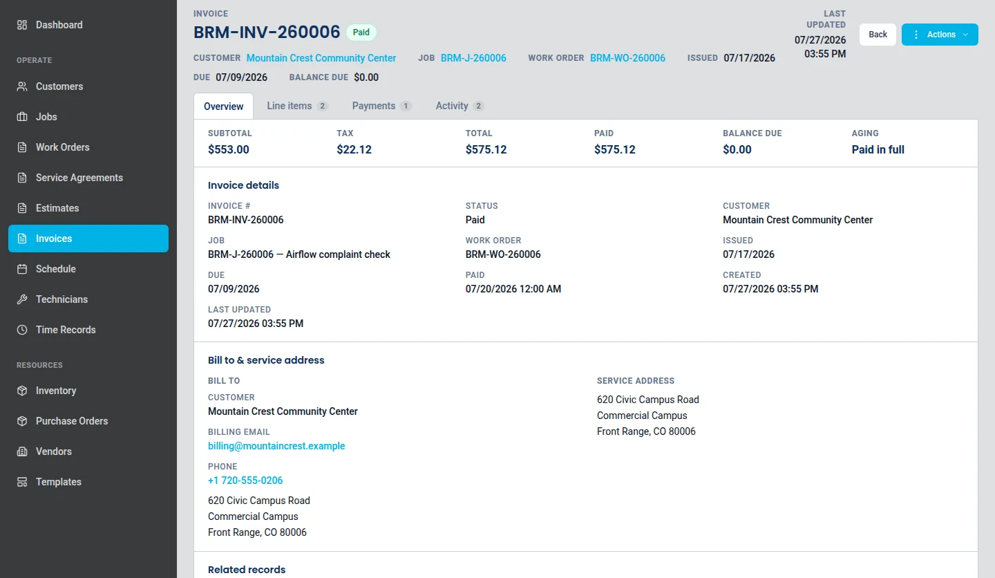 ServusOne invoice showing recorded payments, the amount paid, and the remaining balance.