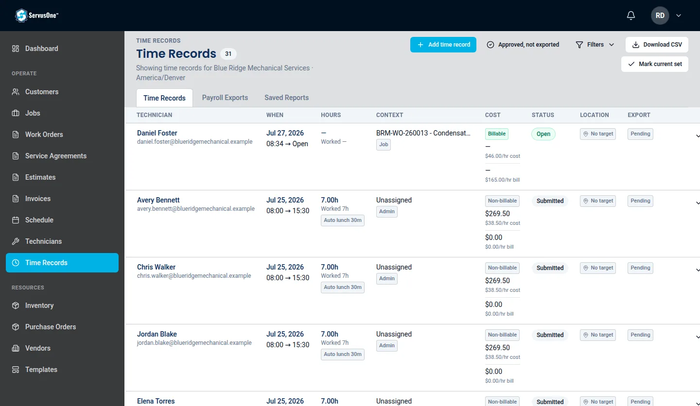 ServusOne time record list showing technicians, worked hours, job and admin context, and the approval status of each entry.