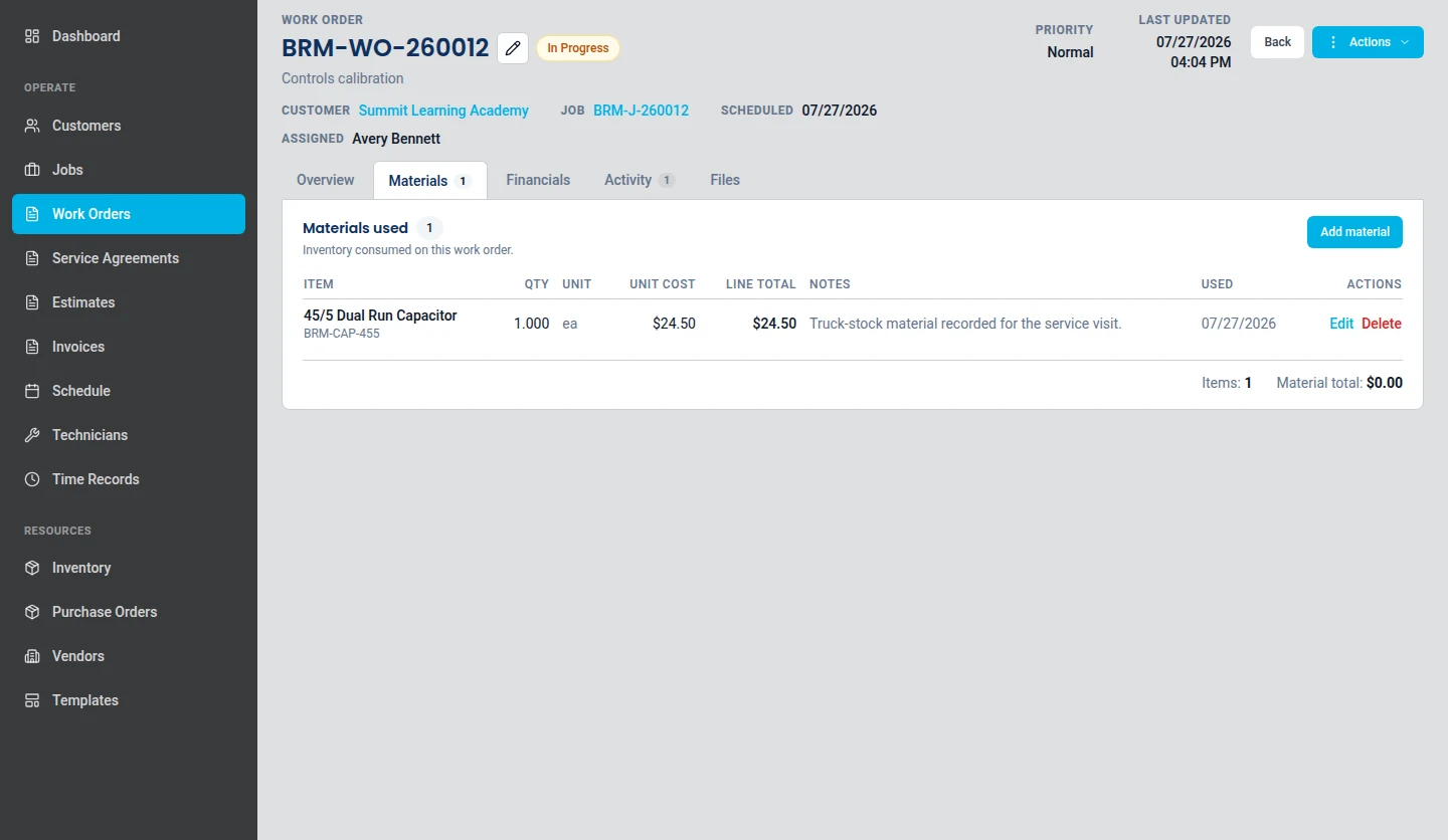 ServusOne work order showing the parts and materials recorded against that job with quantities and costs.
